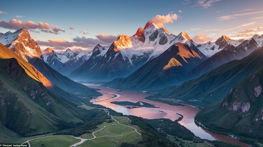 A breathtaking landscape of the Andes Mountains during sunrise. The scene includes towering snow-capped peaks, steep rocky cliffs, and lush green valleys. The sky is painted with warm hues of orange, pink, and purple as the first light of the day illuminates the mountains. In the foreground, a winding river reflects the colors of the sky, and a few scattered clouds hover around the mountain peaks, adding depth to the scene