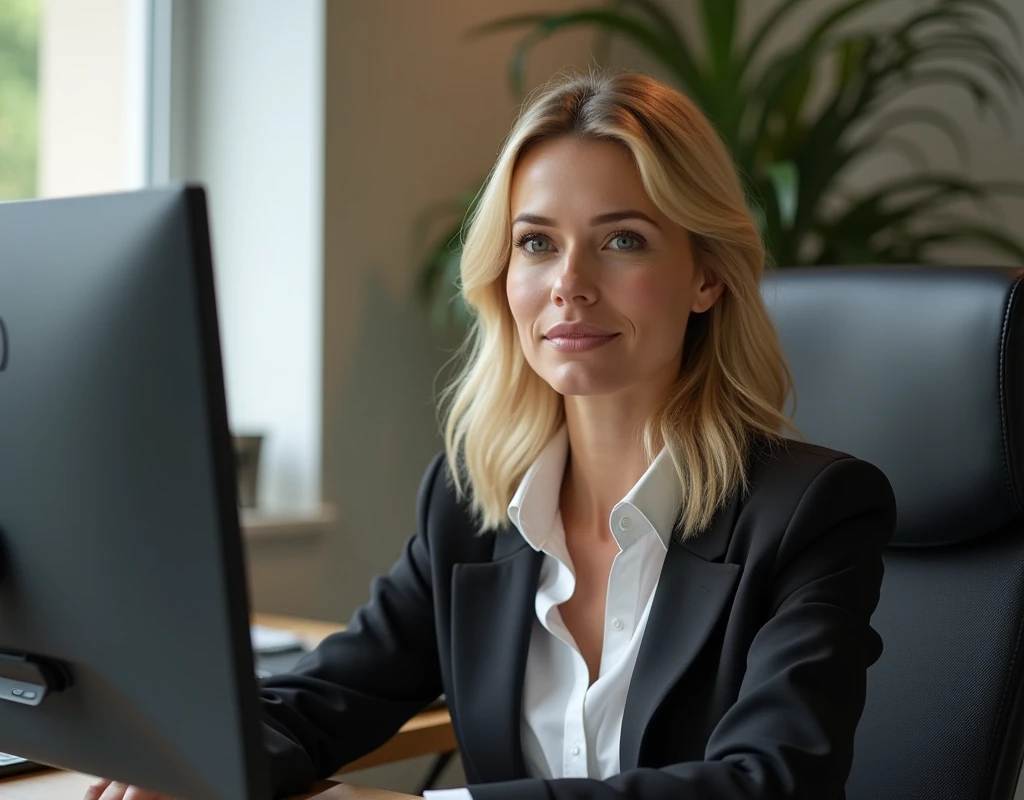 A beautiful woman, 35 years old with blonde hair, detailled eyes, nose, and lips, wear a professional outfit, Sitting in your office, with your computer, hp computer (best quality,4K,8k,highres,​masterpiece:1.2),Ultra-detail,(realisti,photorealisti,photo-realisti:1.37),HDR,studio lighting,Extremely detailed face and body,warm colors,light background