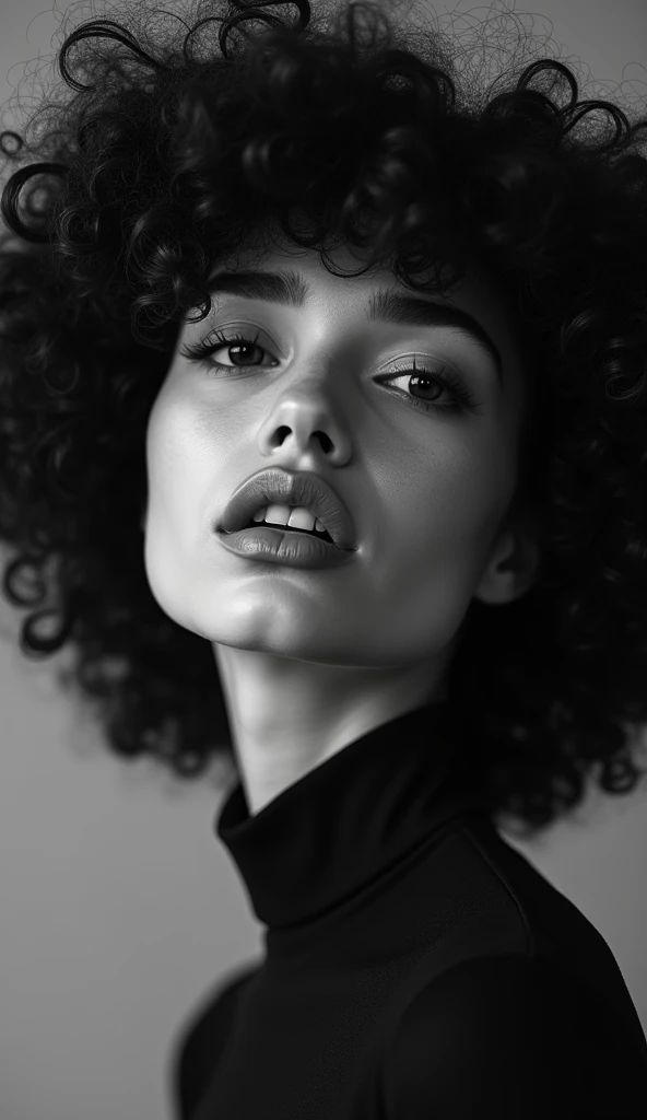Beautiful, defined jawline, voluminous hair,( puffy lips:1.2), Thepit style, detailed, black and white photograph