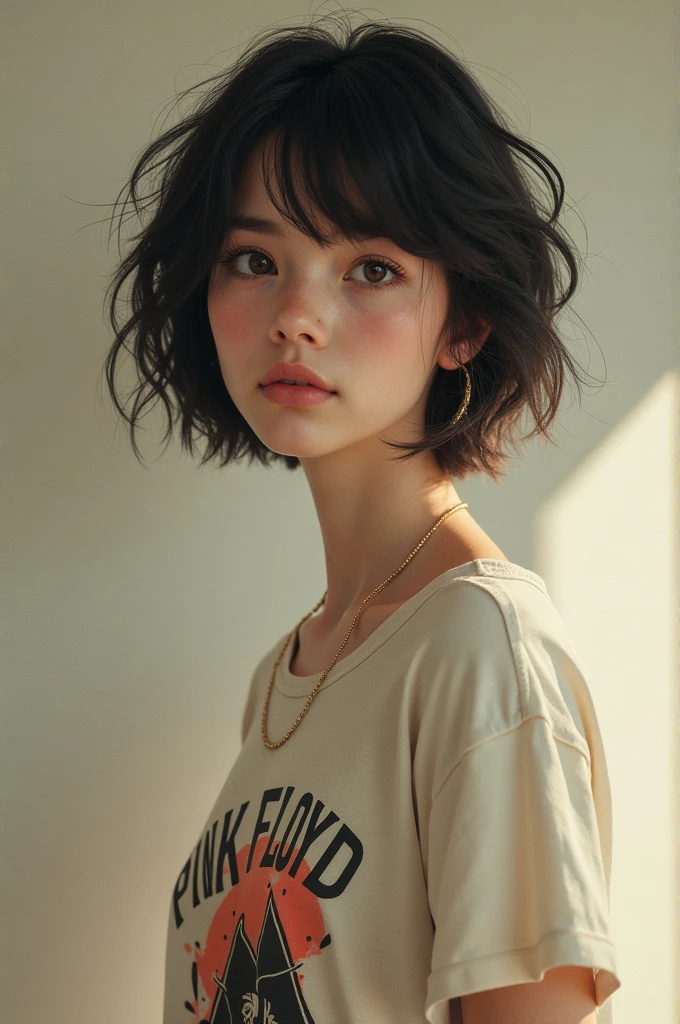 White girl with short black hair, expression would be, small size bust, Pink Floyd shirt