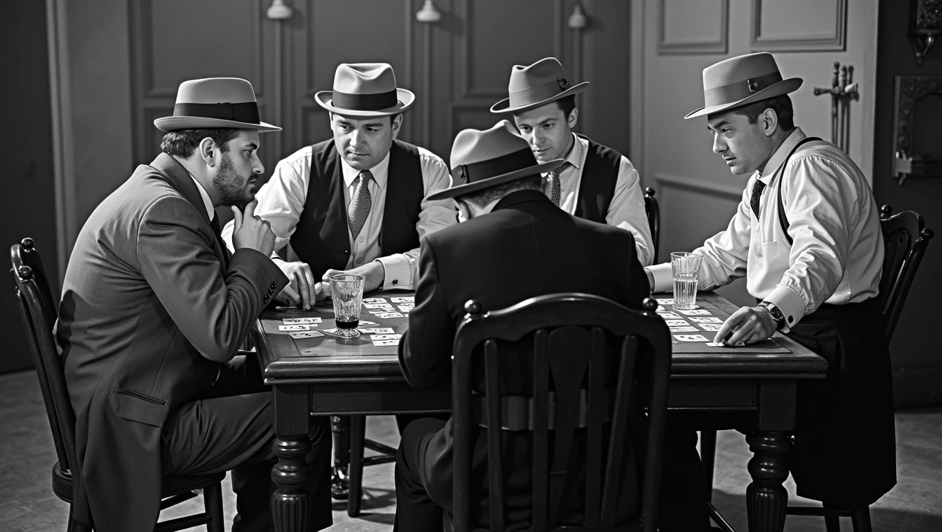 (La partie de cartes de Marcel Pagnol, quatres hommes avec des cartes dans les mains, ils sont assis à une table et ils jouent aux cartes), quatre hommes avec des chapeaux sur la tête, scène du vieux film Marius de Marcel Pagnol, Image d’un film français de 1950