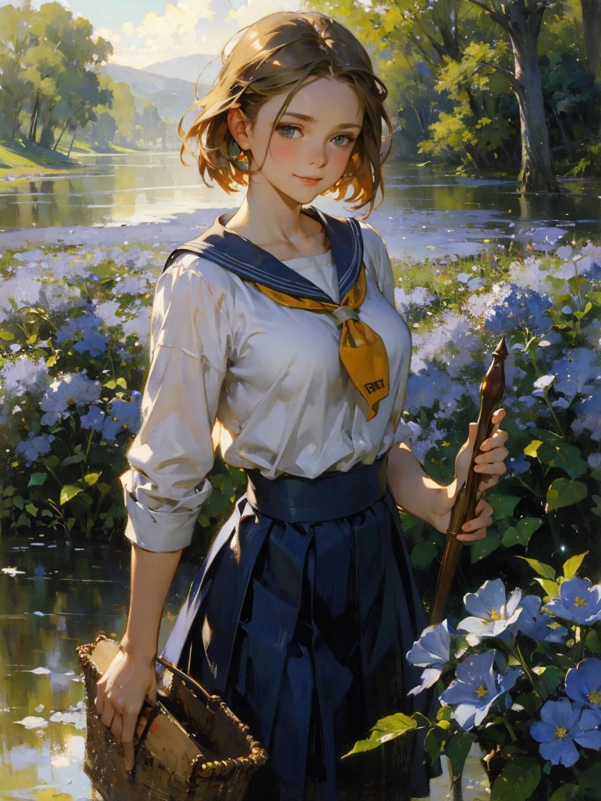 art by (Carl Larsson:1.2),(post-Impressionist),,((oil painting)),soft lighting,COOL,cammy sf6, 1girl,solo,blonde hair, short hair,blue eyes, large breast, scar on cheek , face,nose blush,(half-closed eyes),detailed eyes,looking at viewer,(smile:1.3),bigass bighip、FUCK　FUCKOFF　SEXY　zoom up　a girl,vine_whip,the surface of the water,FAIRY KNIGHT LANCELOT (FATE),(the distant forest:0.8),mystyhw,secluded,outdoors,skeletons of giant creatures,swamp,moonlight,facing left,night,light blue flowers,standing_on_liquid,, (style of Jon Foster:0.2),(style of Alex Russell Flint:0.2),(style of Bob Eggleton:0.2),(style of Pino Daeni:0.2),BREAK (oil painting:1.2),(oil painting style),illustration,Fantasy Art,mystique,visual impact,incredible details　(masterpiece,best quality),(beautiful background:1.2),(8k,high-res,detailed),(poster),flat shading:1.4,
Alphonse Mucha, 
(solo:1.2),a woman,bare shoulder,small face:1.5,
Chubby,flower,

(school uniform:1.5),
bare thigh,