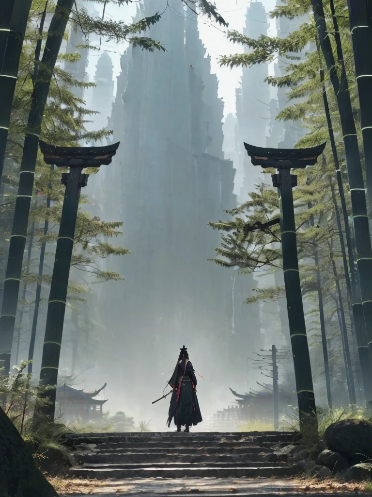 (Amazing, brave, intense:1.4),Masterpiece, best quality, 8ก, Crazy details, complicated details, very detailed, The quality is exaggerated., Highly detailed, very detailed, Masterpiece,
1 girl,alone, Hanfu,set,Red Ribbon,decorations,wind,long sleeve,long hair, decorationsผม,tassel, (full body:1.1),
holding a weapon, sword,
Look at the audience, realistic, bamboo grove, Chinese architecture, one shot with tension.(Effects on vision,It gives the poster a lively and eye-catching look.:1.2),Zen Chinese style,Impressive shots.,
