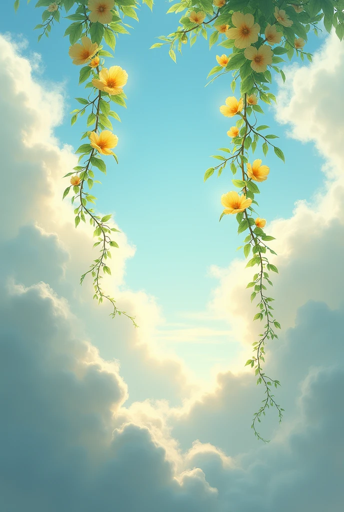 Lianas with some flowers that shine yellow, falling between clouds in the sky