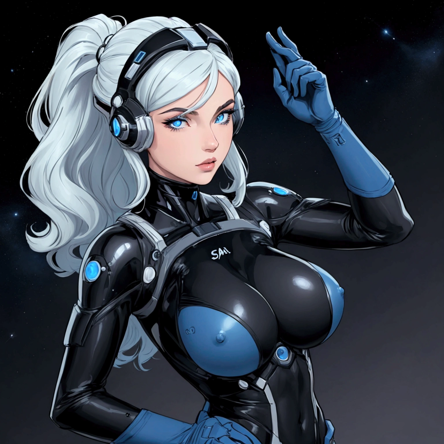 femme en tenue spatiale, detailed,corps entièrement visible, la combinaison est noir avec des accents or, NSFW, solid color background, blue eye