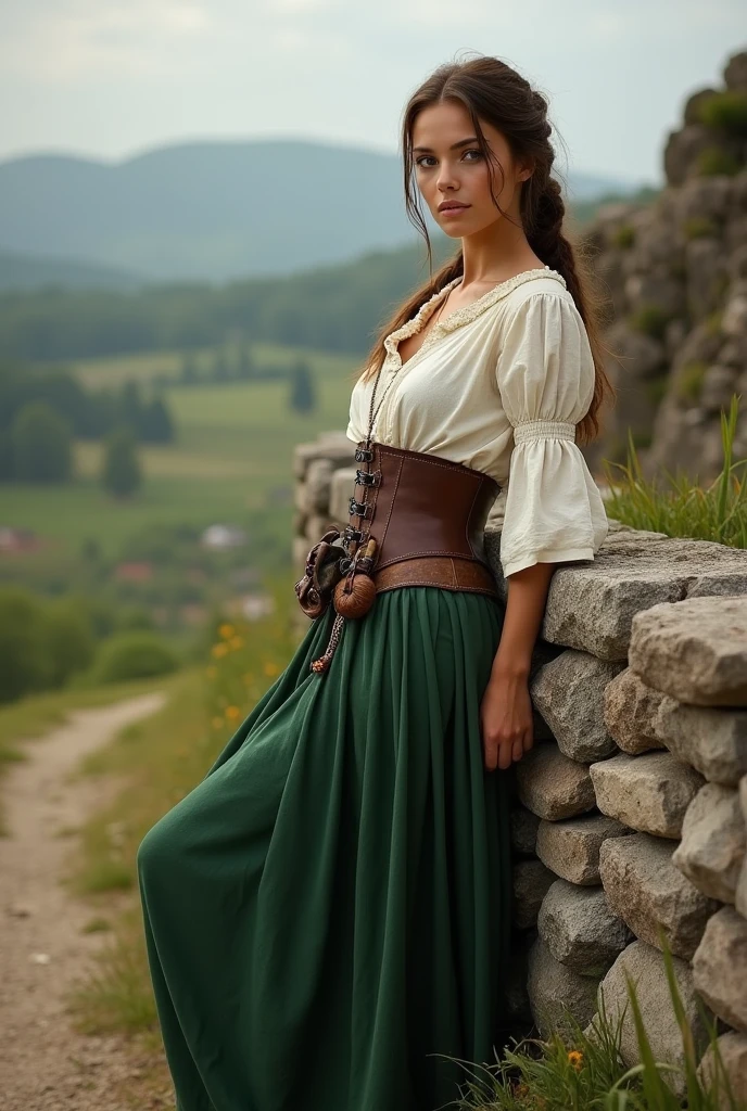 full body photo, tan skin, shy farm girl leaning with feet on the wall, perfect eyes, perfect lips, brown hair, long hair, hair attached in a ponytail, dark brown eyes, fit body, white peasant shirt, brown leather corset, very long pleated green skirt, brown shoes, accessories hanging on waist, beautiful landscape in the background, medieval fantasy