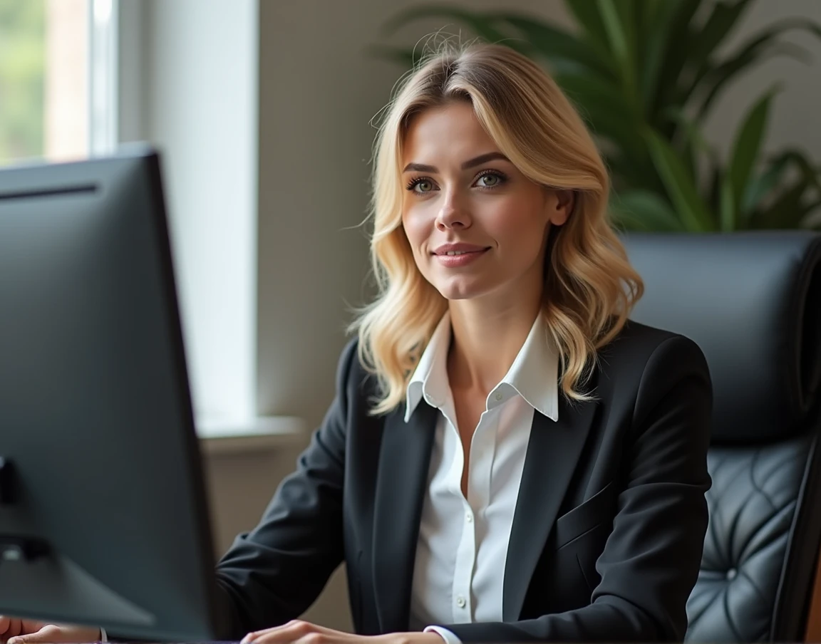 A beautiful woman, 35 years old with blonde hair, detailled eyes, nose, and lips, wear a professional outfit, Sitting in your office, with your computer, hp computer (best quality,4K,8k,highres,​masterpiece:1.2),Ultra-detail,(realisti,photorealisti,photo-realisti:1.37),HDR,studio lighting,Extremely detailed face and body,warm colors,light background