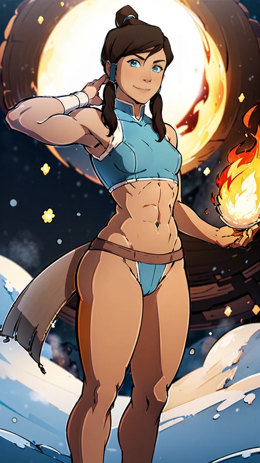 (Whole body:1.3) masterpiece, best quality, 1girl, korra, bright pale blue eyes, (deep chestnut brown skin:1.3), dark skin, toned arms , (strong shoulders) , faint abs, (toned thighs), thighs showing, midriff showing, smile,standing, arms behind head pose, snow field, surrounded by mystical fire ring, (small breasts:1.4)