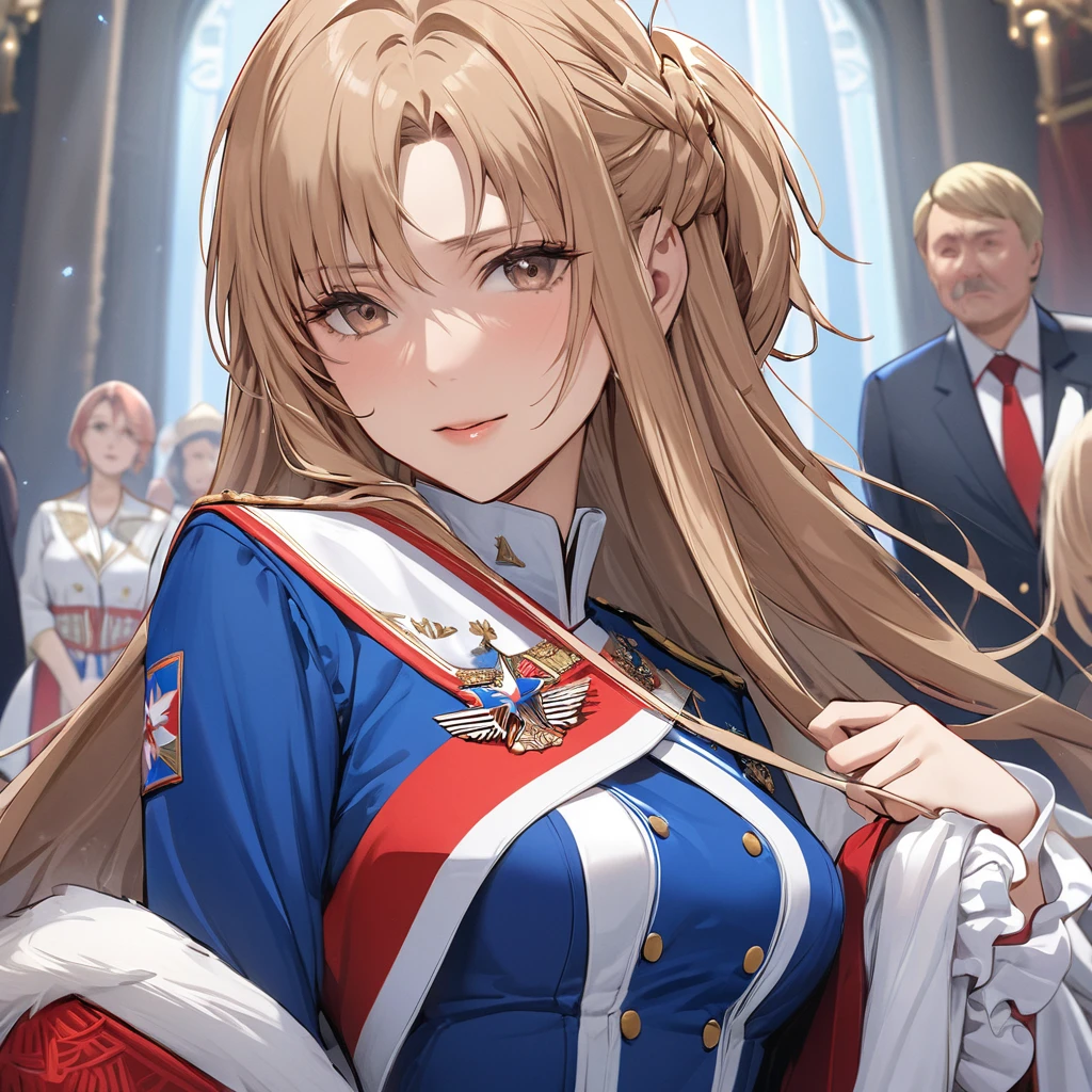((Highest quality)), ((masterpiece)), (detailed), (Perfect Face)、The woman is Yuuki Asuna, a Russian with light brown, semi-long hair.、The woman is a member of the United Russia party and is beautifully dressed in the fine attire and luxurious accessories appropriate for a party member.、Women are serving the cause of Great Russia