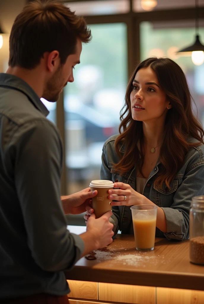 They accidentally bump into each other at the counter while ordering coffee. She spills a bit of her drink, and he quickly offers his napkin, their hands brushing slightly. There’s an immediate spark in their eyes, a mix of surprise and curiosity.