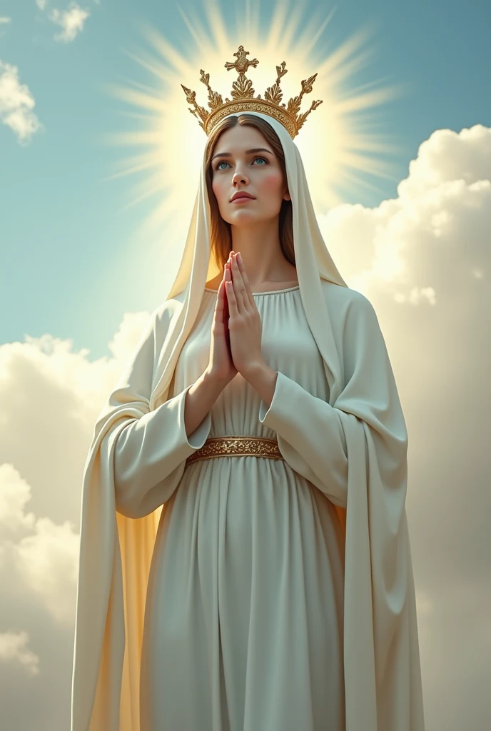 Perfect hand 5 finger, Portrait of a beautiful virgin mary wearing all white clothes of queen with the queen crown shining the light from her head and heart all over in the clouds, virgin mary, real blue eyes, sunny day, intricate details.real virgin mary, straight head face, Straight body.Prayer virgin mary, perfect full body,  perfect hands finger,Prayer virgin mary, praying virgin mary backgrounds natural photographic