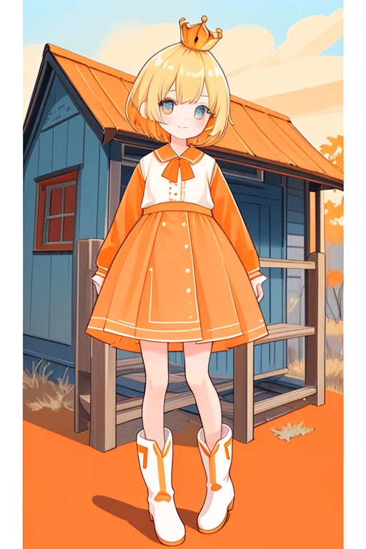 Girl 1,blonde hair,short hair,Big eyes,Eye Color((sky))[Blue],crown,Colored short coat(Red),Colored shirt(orange),Two-layered skirt on top color((orange))Color wash(white),Boots,Wooden house background,look at the viewer,Smiling sweetly,Highly detailed,Cinematic level display