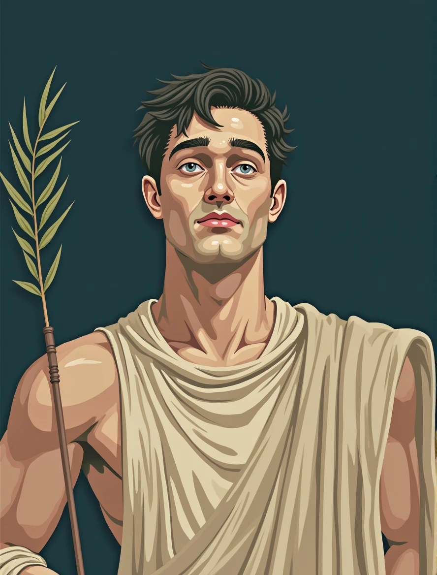 Dressed in ancient Greek clothing,With an olive branch