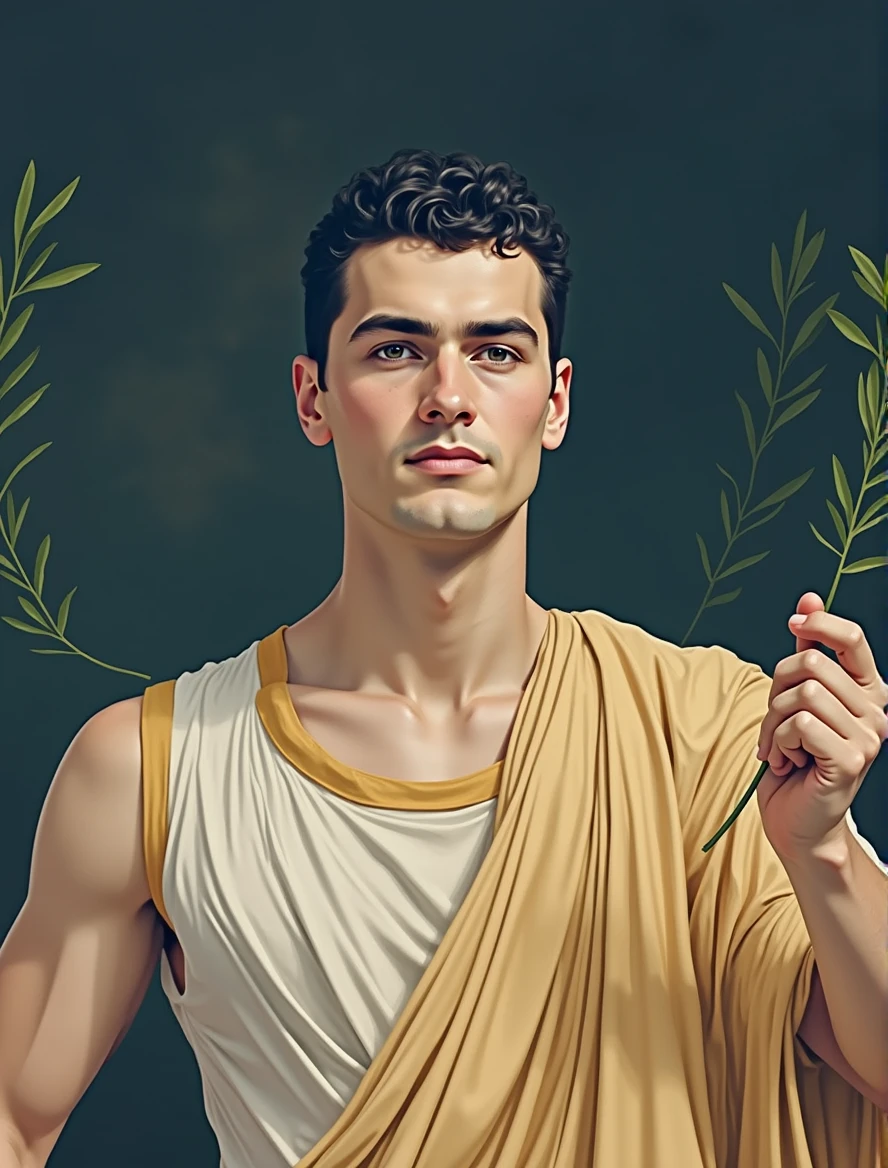 Dressed in ancient Greek clothing，With an olive branch