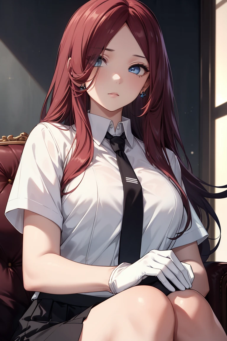 Kushina, (blue eyes), detailed blue eyes, crimson hair, detailed hair, long hair,
BREAK (({Black business suit:1.40},{tie:1.20},{White gloves:1.15},{ White shirt:1.10}, {Black Skirt:1.15}, good looking:1.5))
BREAK expressionless, looking at viewer, sitting,
BREAK (masterpiece:1.2), best quality, high resolution, unity 8k wallpaper, (illustration:0.8), (beautiful detailed eyes:1.6), extremely detailed face, perfect lighting, extremely detailed CG, (perfect hands, perfect anatomy),