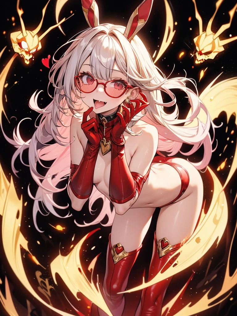 Perfect human body, Beautiful Face, Beautiful long silver hair, beautiful wheat-colored skin, Red Glasses, Golden Bunny Suit, Red Thigh Boots, Provocative facial expression, Heart Earrings, Small devil, Beautiful Hands, Beautiful fingers, Beautiful legs, like, Long gloves, 