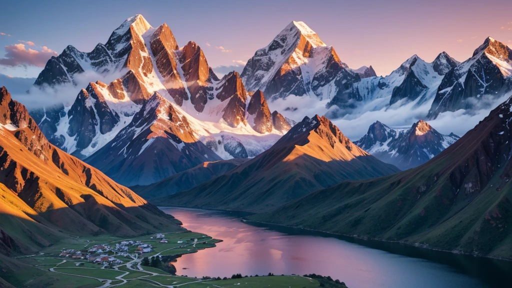A breathtaking landscape of the Andes Mountains during sunrise. The scene includes towering snow-capped peaks, steep rocky cliffs, and lush green valleys. The sky is painted with warm hues of orange, pink, and purple as the first light of the day illuminates the mountains. In the foreground, a winding river reflects the colors of the sky, and a few scattered clouds hover around the mountain peaks, adding depth to the scene