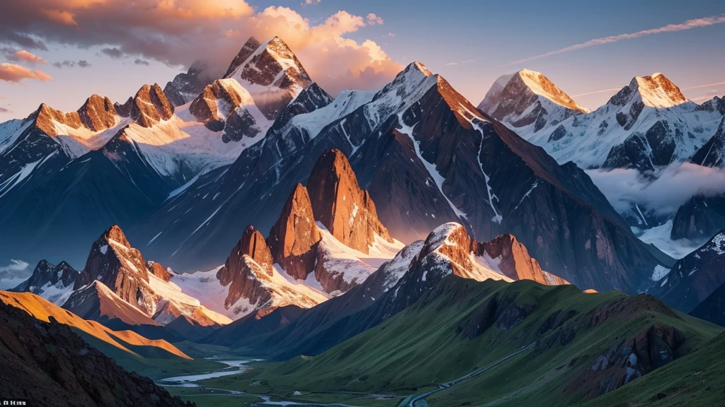 A breathtaking landscape of the Andes Mountains during sunrise. The scene includes towering snow-capped peaks, steep rocky cliffs, and lush green valleys. The sky is painted with warm hues of orange, pink, and purple as the first light of the day illuminates the mountains. In the foreground, a winding river reflects the colors of the sky, and a few scattered clouds hover around the mountain peaks, adding depth to the scene