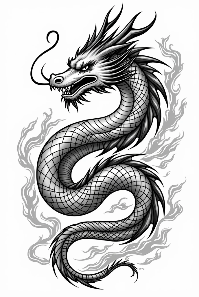 Realistic dragon in black lines for a Japanese style tattoo, and the image has a white background