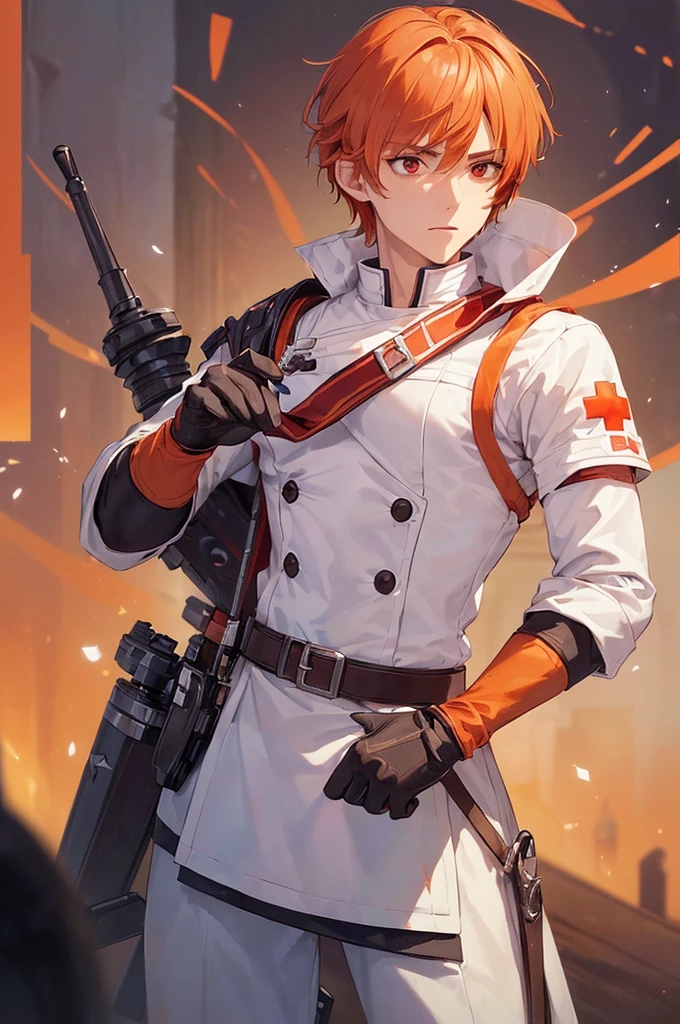 (((masterpiece; best quality: 1.2))), (finely detailed eyes: 1.3), ((1 young man)), ((solo)), (red eyes: 1.4), (body shape; lean, masculine: 1.3), (very short orange hair: 1.3), (beautiful and clear background: 1.2), ((depth of field)), (equipment: fantasy white adventurer medic long-sleeve uniform + armband with red cross + gloves: 1.3), (anime illustration: 1.2), (background composition; palace gardens + day: 1.1), (extremely fine and handsome: 1.1), (shot composition; standing + centered on face + bust close-up: 1.5), (facial expression; calm, stoic: 1.2)