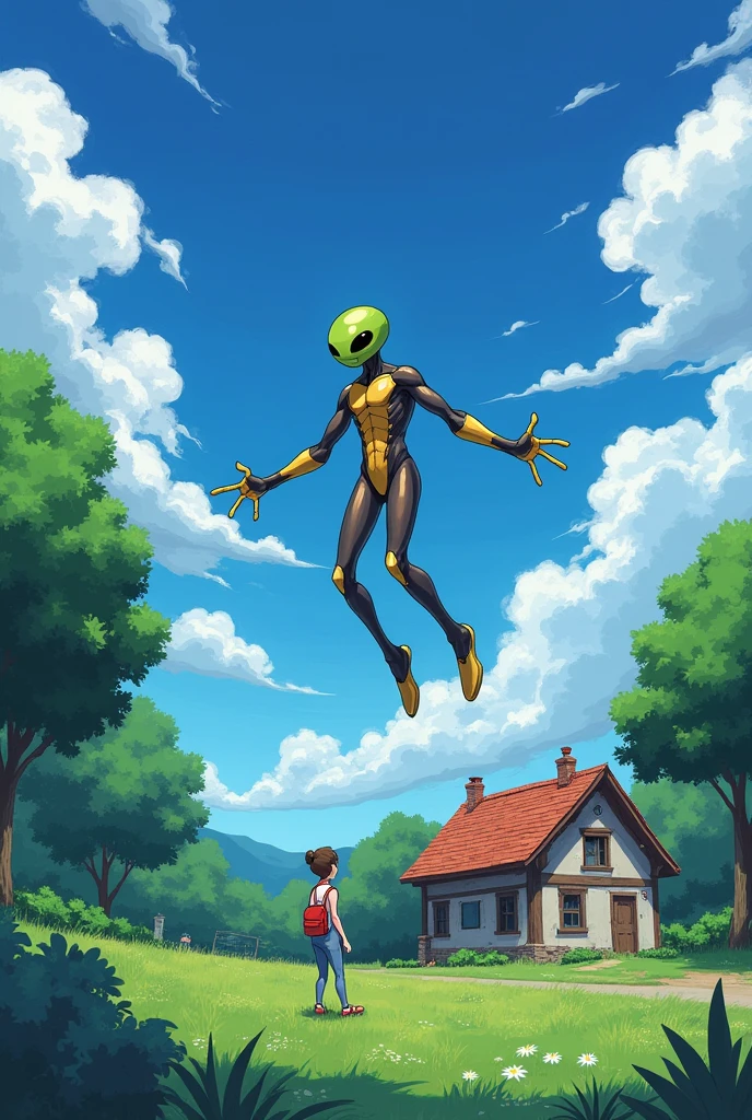Make an anime of an alien falling into the yard of a house and an alien urinating on a person and giving the person superpowers that is funny