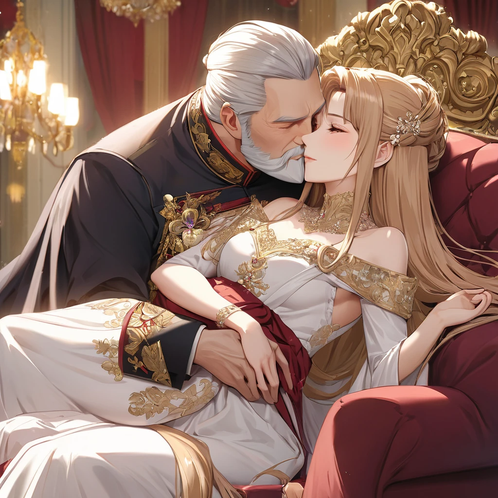 ((Highest quality)), ((masterpiece)), (detailed), (Perfect Face)、The woman is Yuuki Asuna, a Russian with light brown, medium-long hair, an elegant, graceful, beautiful Russian noblewoman, a good wife and mother, and the Empress of the Great Russian Empire.、The woman is beautifully dressed in the gorgeous and glittering gold-colored Russian court dress of an ancient Russian empress, with gorgeous accessories, and a beautiful and luxurious kokoshnik.、The woman is standing next to a great and imposing old Russian emperor with a beard.、The woman sits in love and embraces the great Russian emperor on a luxurious sofa in the palace.、A woman is sitting happily close to the great old Russian emperor, hugging and kissing him on a luxurious sofa in the palace. The deeply in love couple, the elderly emperor and the beautiful young empress, are、The woman is holding her beautiful grown daughter