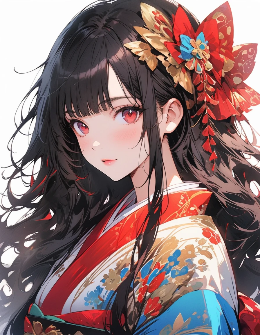 Red Higanbana, Let your hair down, Hair is black, bangs, Red eyes, masterpiece, Highest quality, Very detailed, shape, One Girl, alone, High resolution, Realistic, 超High resolution, (Original shape composition), (Limited Color Fusion,Maximalism art style, Kimono Fashion, Double exposure, Background Black