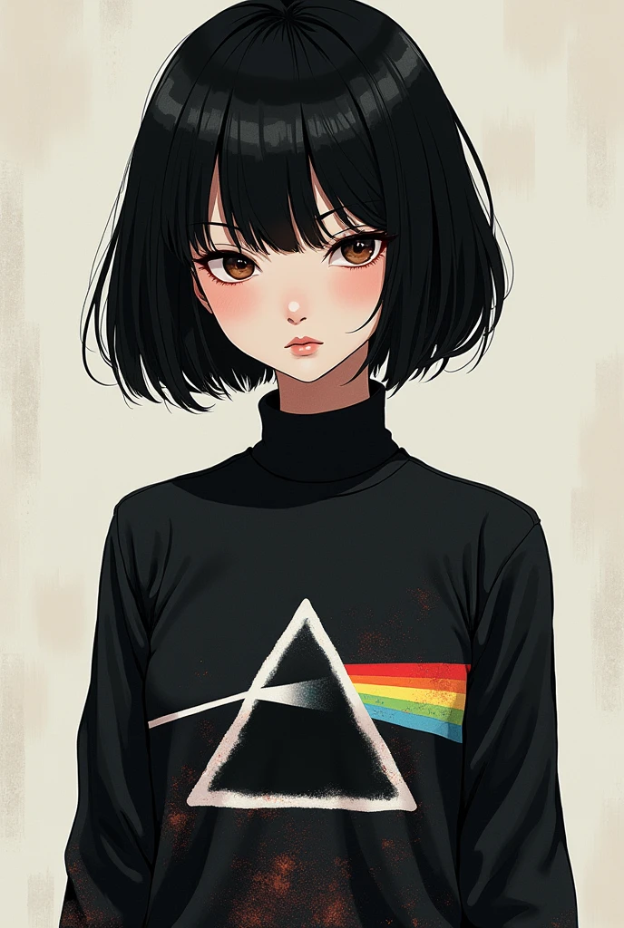 White girl with short black hair, serious expression and without smiling , small size bust, Pink Floyd Dark Fantasy Anime Shirt