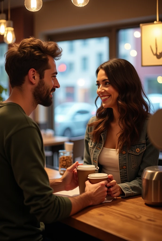 They accidentally bump into each other at the counter while ordering coffee. She spills a bit of her drink, and he quickly offers his napkin, their hands brushing slightly. There’s an immediate spark in their eyes, a mix of surprise and curiosity.