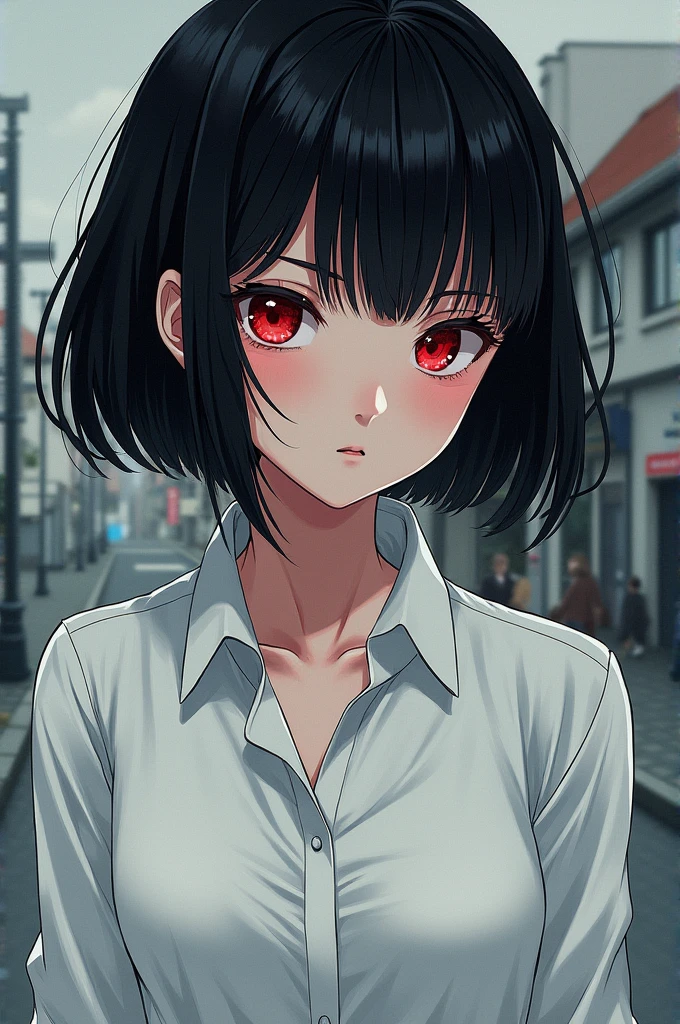 In jujutsu kaisen manga style a young woman short stature, with black hairy shoulder lenght, Red eyes a calm and shy expression, Half body, She wears a White shirt