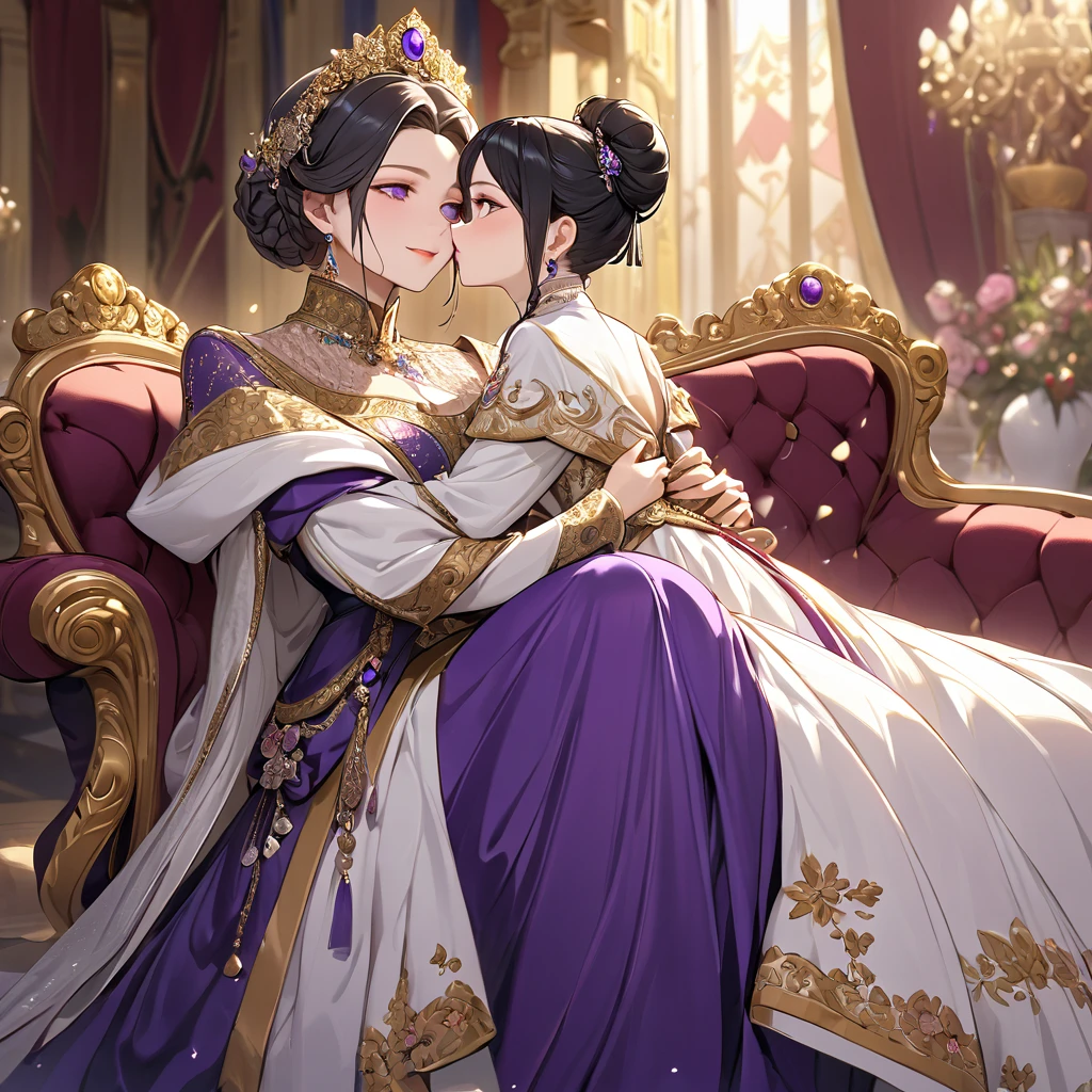 ((Highest quality)), ((masterpiece)), (detailed), （Perfect Face）、The woman is Shinobu Kocho, a Russian with black hair with purple gradient ends, tied in a bob hairstyle. She is a dignified, elegant and beautiful Russian noblewoman who is a good wife and mother, and the great Empress of the Russian Empire.、The woman is beautifully dressed in the gorgeous and glittering gold-colored ancient Russian court dress of an ancient Russian empress, accessorized with luxurious accessories and kokoshniks.、The woman is standing next to a great and dignified old Russian emperor.、A woman is sitting on a luxurious sofa in a palace hugging and kissing a great old Russian emperor, looking happy and in love、The woman loves the emperor with all her heart.、The woman is holding her beautiful grown daughter