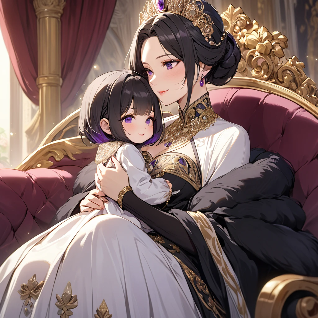 ((Highest quality)), ((masterpiece)), (detailed), (Perfect Face)、The woman is Shinobu Kocho, a Russian with black hair with purple gradient ends, tied in a bob hairstyle. She is a dignified, elegant and beautiful Russian noblewoman who is a good wife and mother, and the great Empress of the Russian Empire.、The woman is beautifully dressed in the gorgeous and glittering gold-colored ancient Russian court dress of an ancient Russian empress, accessorized with luxurious accessories and kokoshniks.、The woman is standing next to a great and dignified old Russian emperor.、A woman is sitting on a luxurious sofa in a palace hugging and kissing a great old Russian emperor, looking happy and in love、The woman loves the emperor with all her heart.、The woman is holding her beautiful grown daughter