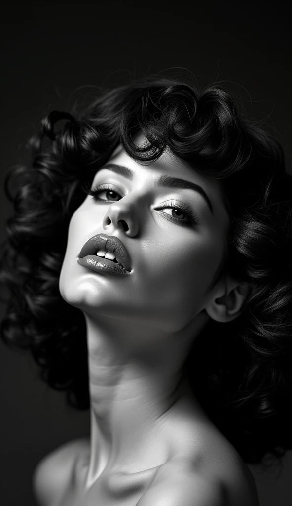 Beautiful, defined jawline, voluminous hair,( puffy lips:1.2), Thepit style, detailed, black and white photograph