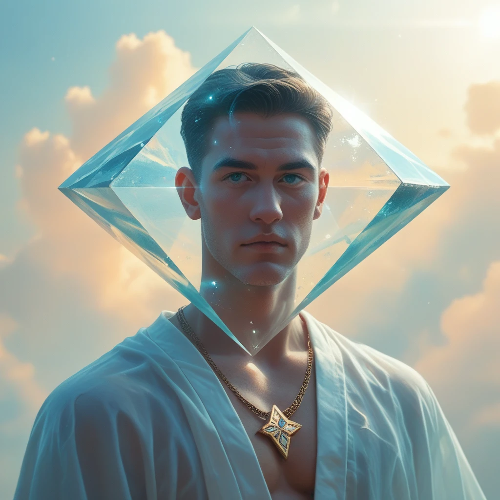 It represents a meditating man, a diamond-like figure, with a transparent body like glass sparkling with diamonds, so bright that the body is bright white with a diamond-sparkling light above his head. There are white energy lines from the sky sending down to his head, symbolizing awareness and spiritual power. The image is balanced in the left and right directions, creating a sense of calm and harmony. The image is bright and pleasing to the eyes.