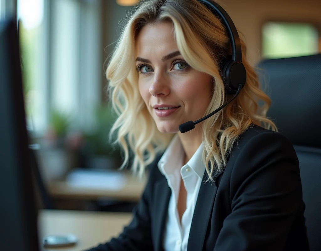 one women, 35 years old with blonde hair, detailled eyes, nose, and lips, wear a professional outfit, Sitting in your office,wears a headset,with your computer, hp computer (best quality,4K,8k,highres,​masterpiece:1.2),Ultra-detail,(realisti,photorealisti,photo-realisti:1.37),HDR,studio lighting,Extremely detailed face and body,warm colors,light background