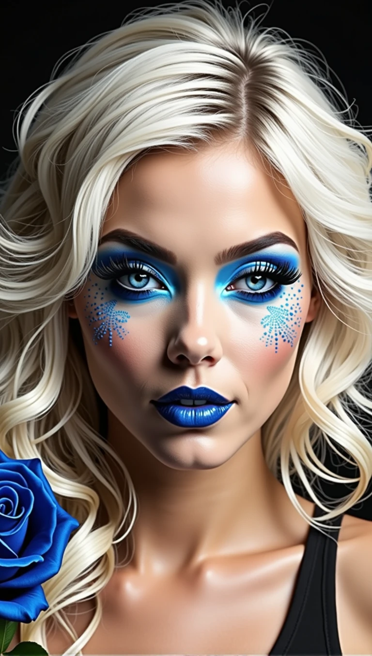 Photo noir et blanc et bleu profond, une femme heureuse et rayonnante de bonheur aux yeux bleus sublimes, (longs cheveux blonds aux reflets bleus électriques très détaillés), une grande paire de fines lunettes en titane , une peau impeccable, tir à moitié du corps, tenant une rose darkblue, intensité du regard captivant, style de photographie fantaisiste, capturé avec un appareil photo, Cinématique, Éclairage dramatique, Extrêmement clair, masterpiece surréaliste à couper le souffle.