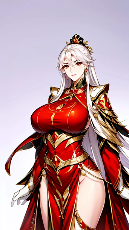 1 Woman, mature, High (1.85 cm), looks about 35 years old, has long white hair, straight and shiny, tied in the Chinese Taoist style, majestic golden eyes, Extremely detailed eyes, perfect eyes, đôi mắt cực kỳ thực tế, balanced eyes, Long eyelashes, Anime style, perfect face, milf face, plump lips, smile, mature, smooth white skin, natural body, sexy body, milf body, Perfect hands, detailed hands, arms in proportion to the body, đôi tay thực tế, arm with good anatomy, She was wearing only a red Chinese style dress decorated with gold and silver but still could not hide her extremely large and gigantic breasts., very big breasts, four hands can lift,breasts sag due to their size, thick thighs, wide hips, look at the viewer, The background is a Chinese-style pavilion., pose alone, look at the viewer.