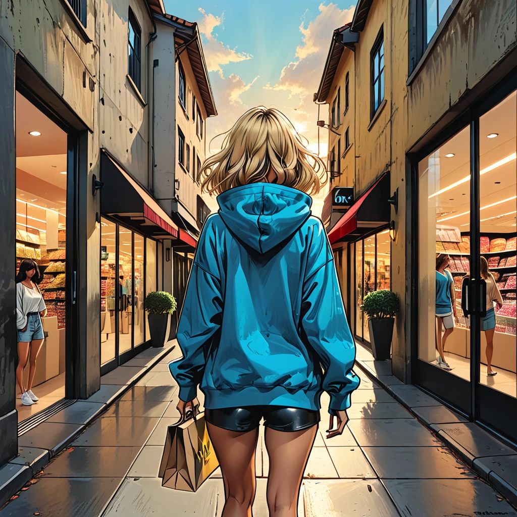 ((back view)),inside, (girl in front of the building), girl in Blue oversized hoodie and black Elastic shorts entering a shopping center, ((frontal view of the shopping center)), automatic doors opening, tropics, multi-story building, people walking with packages, clothing stores,   adult, [Nordic], Hourglass elongated fitness body, perfect Olive skin, Rounded shoulders, perfect hand, Short blonde Waves pixie hair,   graphic style of novel comics, perfect hands, 2d, 8k, hyperrealism, masterpiece, high resolution, best quality, ultra-detailed, super realistic, Hyperrealistic art, high-quality, ultra high res, highest detailed, lot of details, Extremely high-resolution details, incredibly lifelike, colourful, soft cinematic light,    (no face),