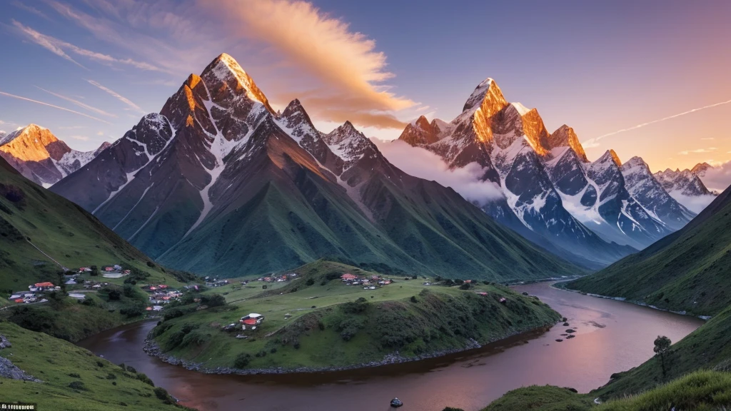 A breathtaking landscape of the Andes Mountains during sunrise. The scene includes towering snow-capped peaks, steep rocky cliffs, and lush green valleys. The sky is painted with warm hues of orange, pink, and purple as the first light of the day illuminates the mountains. In the foreground, a winding river reflects the colors of the sky, and a few scattered clouds hover around the mountain peaks, adding depth to the scene