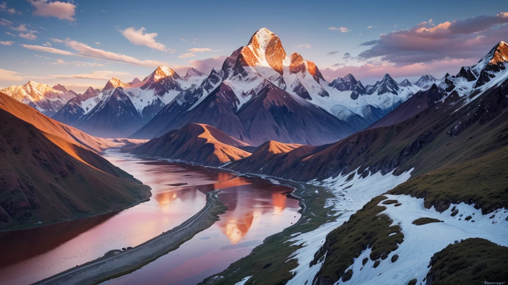 A breathtaking landscape of the Andes Mountains during sunrise. The scene includes towering snow-capped peaks, steep rocky cliffs, and lush green valleys. The sky is painted with warm hues of orange, pink, and purple as the first light of the day illuminates the mountains. In the foreground, a winding river reflects the colors of the sky, and a few scattered clouds hover around the mountain peaks, adding depth to the scene