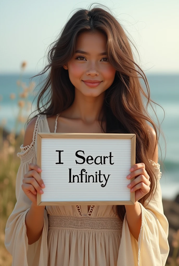 Beautiful girl with wavy long hair, bohemian dress, holding a white board with text "I Love Seaart Infinity" and showing it to the viewer
