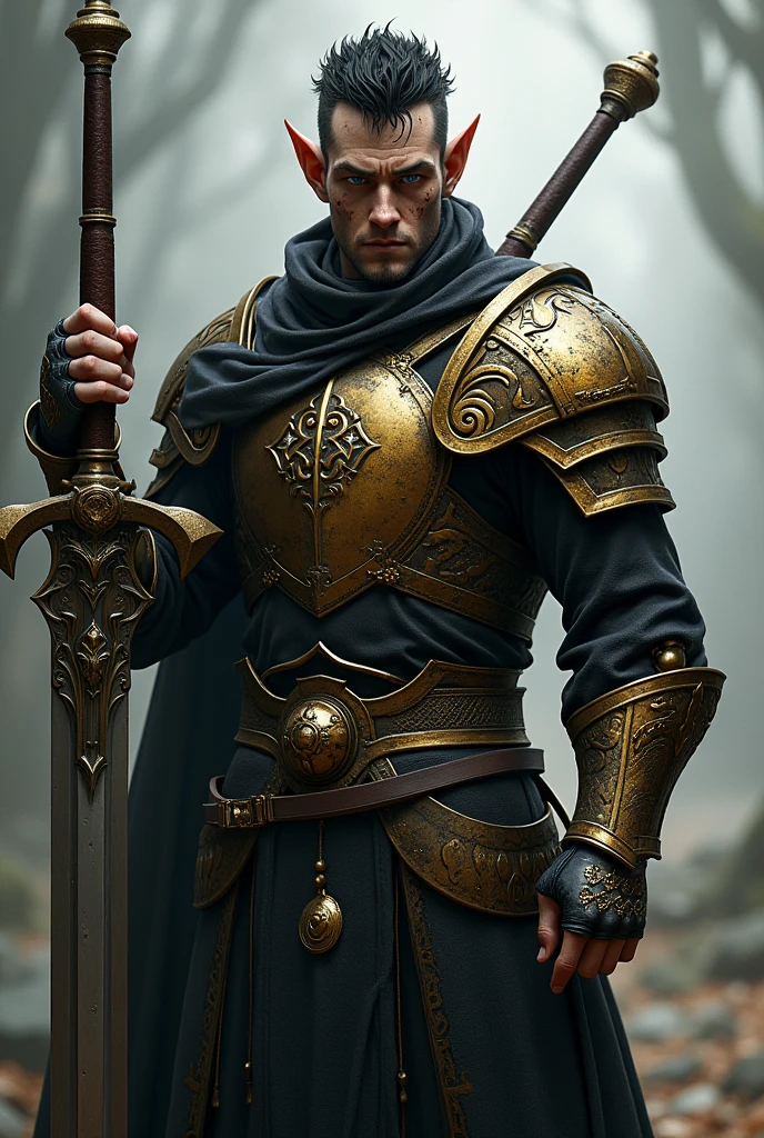 A male Elf. It has dark short hairy and very dark Blue eyes. With a Golden and black armor, the ears were cut and the face Is covered with scars. 1,70 cm in height. Wielding a great sword