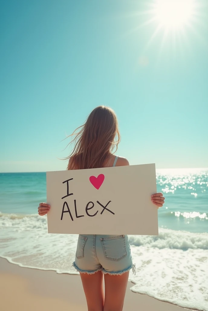 Hyperrealism,A girl holding a sign saying I Love Alex,Standing by the sea,Film quality picture,Sunshine,Waves,Beach