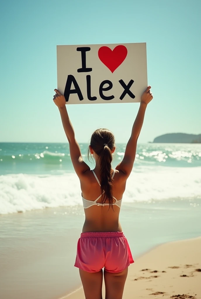 Hyperrealism，A girl holding a sign saying I Love Alex，Standing by the sea，Film quality picture，Sunshine，Waves，Beach