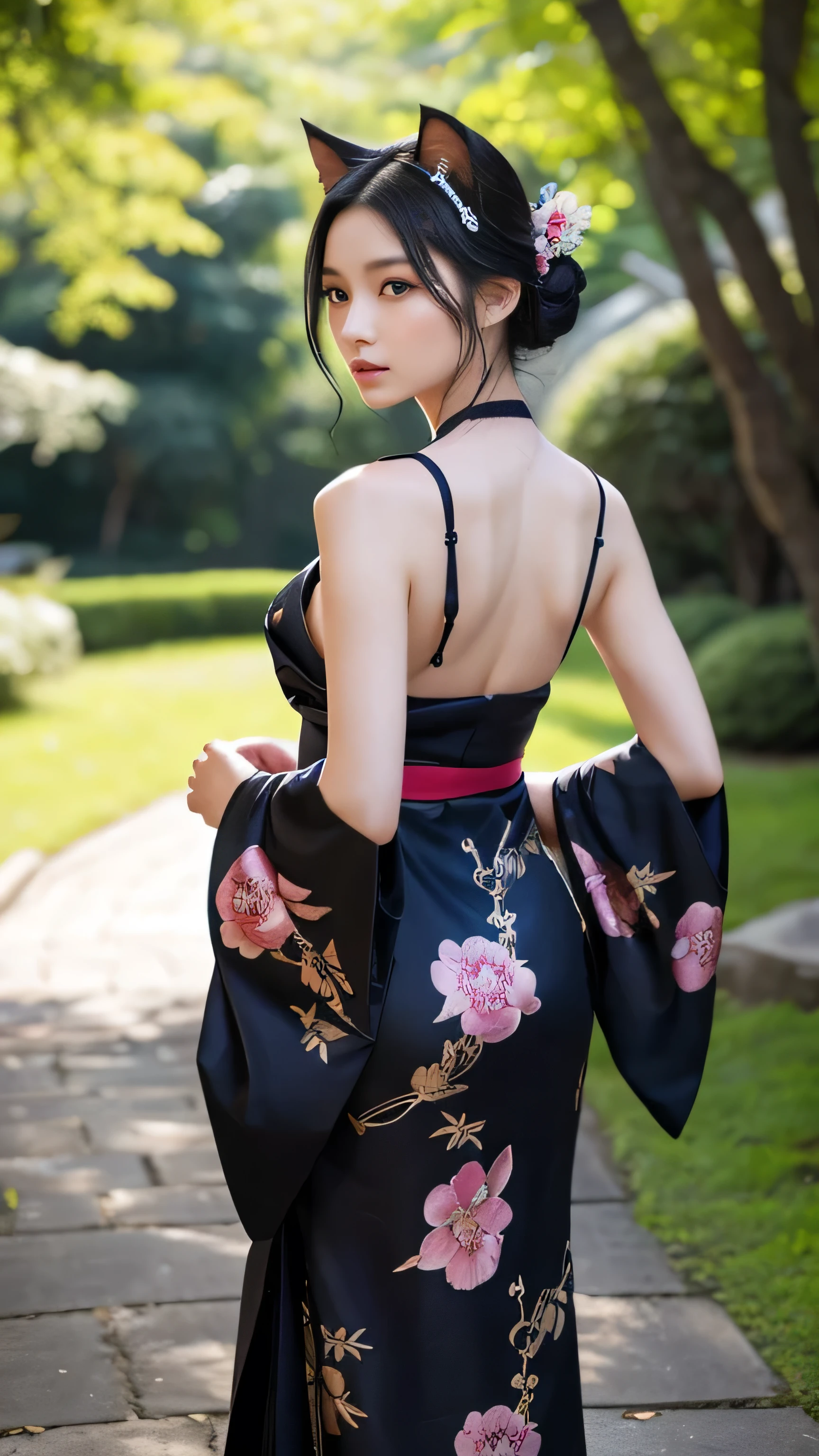 **Prompt:** Create an ultra-realistic depiction of the Cat Sìth (Cait Sith) reimagined as a Japanese woman while retaining its iconic feline features. **Overall Appearance:** The Cat Sìth is depicted as an elegant Japanese woman, embodying the grace and mystery of her feline origins. She has a slender, lithe figure, exuding an aura of ancient wisdom and mystique. **Head:** Her face is a delicate blend of human and feline characteristics. She has high cheekbones, a slightly sharp chin, and almond-shaped eyes that glow with a mystical amber or green hue. Her ears are subtly pointed, resembling a cat’s, with a delicate shape that blends seamlessly with her human features. **Hair:** Her long, silky black hair falls straight down to her waist, with a smooth sheen that reflects the light like a midnight sky. It is adorned with traditional Japanese hairpins (kanzashi) and flowers, adding a touch of elegance to her otherworldly appearance. **Body:** Her skin is pale with a slight porcelain sheen, reflecting her ethereal nature. She has graceful, slender arms and legs, with a subtle hint of soft, black fur on her forearms and calves, reminiscent of her feline origin. **Tail:** A long, sleek tail emerges from her lower back, covered in soft, black fur, swaying gracefully with her movements. **Attire:** She is dressed in a traditional, flowing kimono made of rich, dark silks. The kimono is adorned with intricate patterns of cherry blossoms and bamboo, with subtle motifs of cats and mystical symbols woven into the fabric. The obi (sash) is tied elegantly at her back, accentuating her slim waist. **Special Features:** Her eyes retain the eerie glow characteristic of the Cat Sìth, and her movements are fluid and graceful, almost as if she is gliding rather than walking. Her presence is both serene and unsettling, embodying the dual nature of the Cat Sìth. **Background:** The setting is a serene, moonlit Japanese garden, with the Cat Sìth woman standing on a stone bridge over a ko