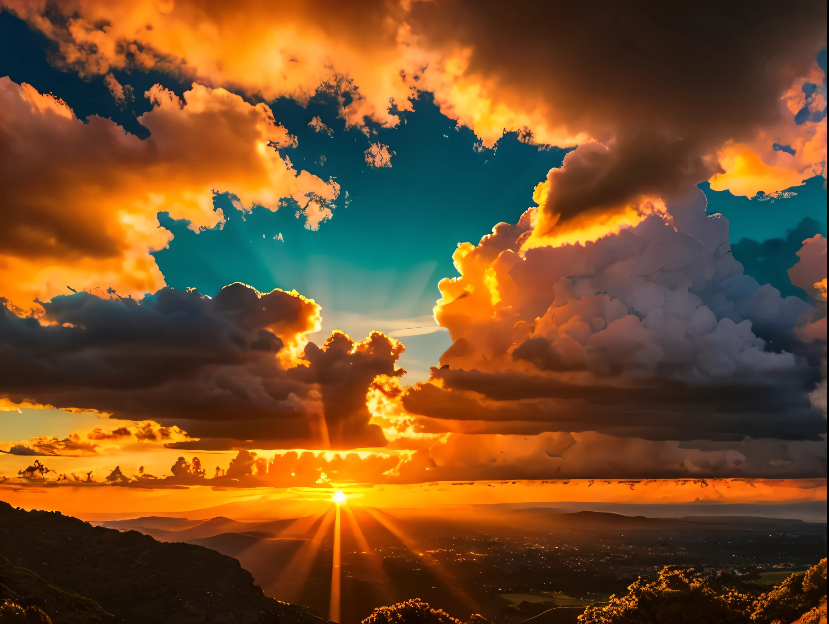 a beautiful sunset sky, dramatic clouds, vibrant colors, sun rays, serene landscape, idyllic scenery, detailed clouds, warm sunlight, atmospheric haze, cinematic lighting, wide angle, detailed sky, photorealistic, 8k, highly detailed, stunning, mesmerizing, ethereal, dramatic, naturalistic