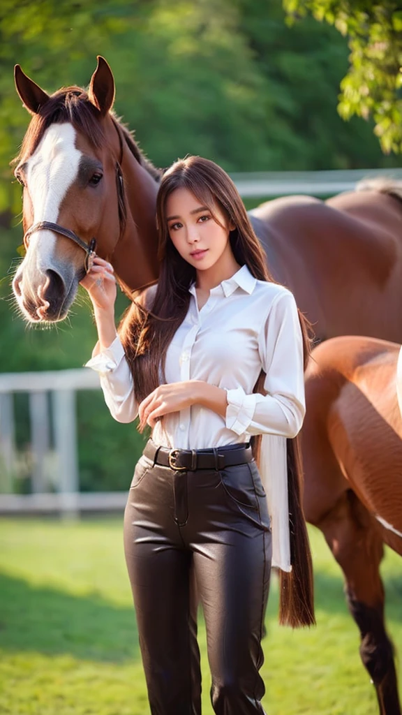 1girl, pants, shirt, outdoors, long_hair, white_shirt, solo, brown_hair, realistic, blurry, blurry_background, horse, black_pants, animal, long_sleeves, day, belt, lips, holding, brown_eyes