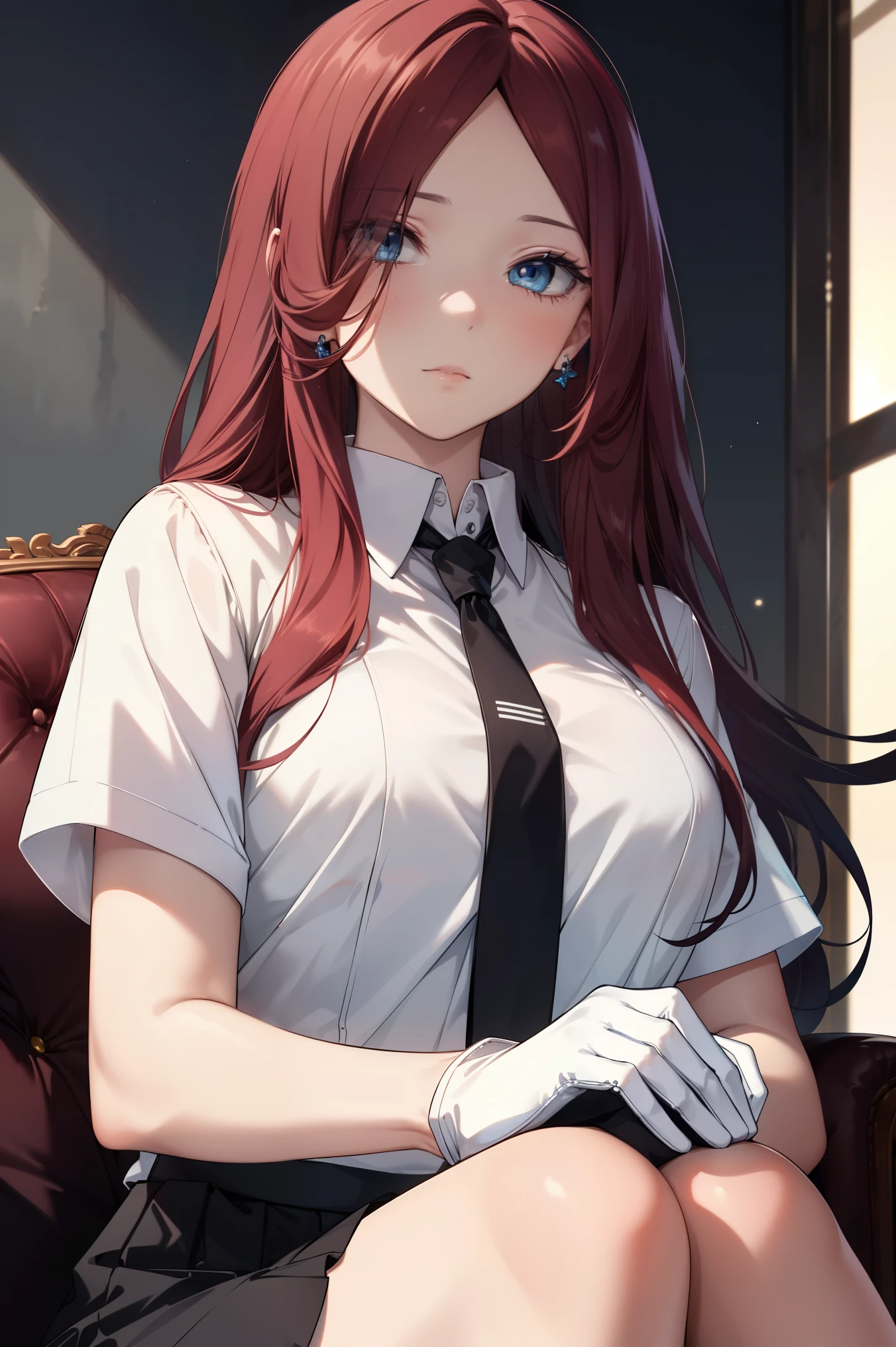 Kushina, (blue eyes), detailed blue eyes, crimson hair, detailed hair, long hair,
BREAK (({Black business suit:1.40},{tie:1.20},{White gloves:1.15},{ White shirt:1.10}, {Black Skirt:1.15}, good looking:1.5))
BREAK expressionless, looking at viewer, sitting,
BREAK (masterpiece:1.2), best quality, high resolution, unity 8k wallpaper, (illustration:0.8), (beautiful detailed eyes:1.6), extremely detailed face, perfect lighting, extremely detailed CG, (perfect hands, perfect anatomy),