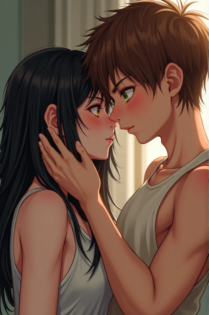 A girl with black hair and brown eyes having sex with a boy with brown hair and green eyes