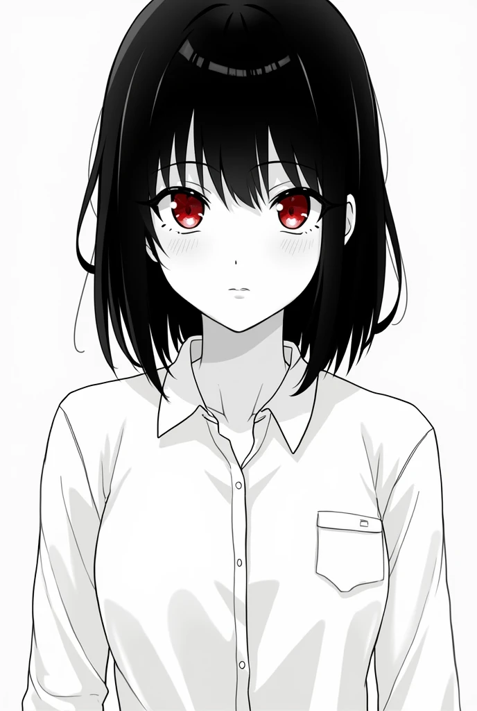 In jujutsu kaisen manga style a young woman short stature, with black hairy shoulder lenght, Red eyes a calm and shy expression, Half body, She wears a White shirt, manga style in black and White only the eyes colored